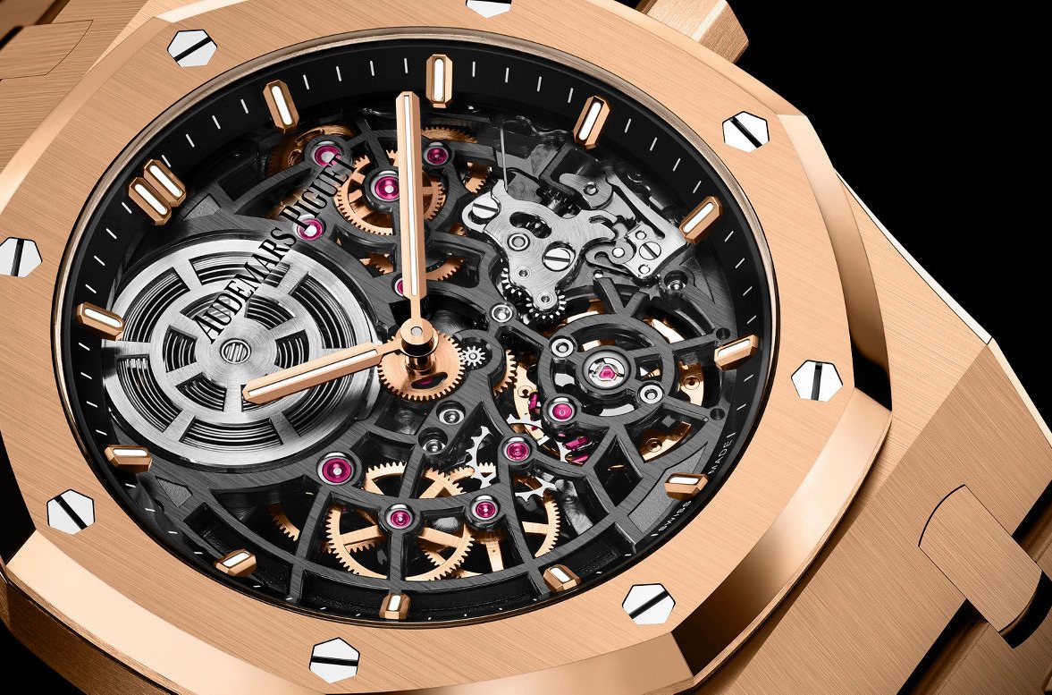 Close-up of a rose gold Audemars Piguet Royal Oak with an open-worked dial showing the movement